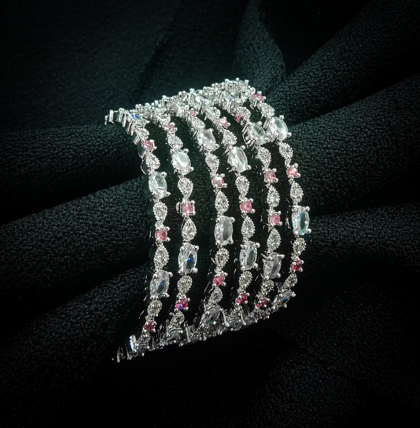 Celestia Luxe Crystal Cuff Set – Silver Sparkle with a Hint of Blush