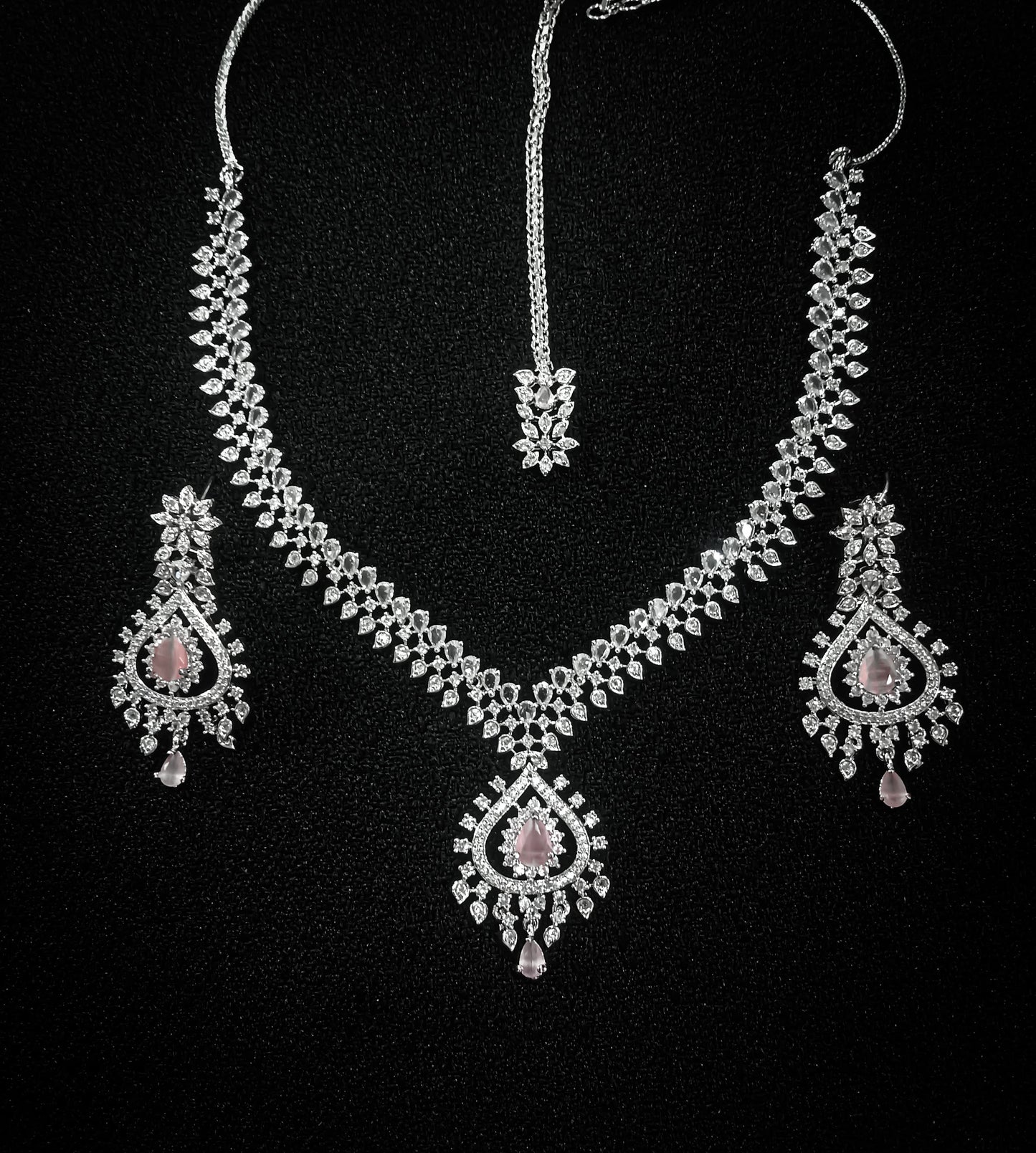 Silver Radiance Bridal Jewelry Set with Pink Crystal Drops