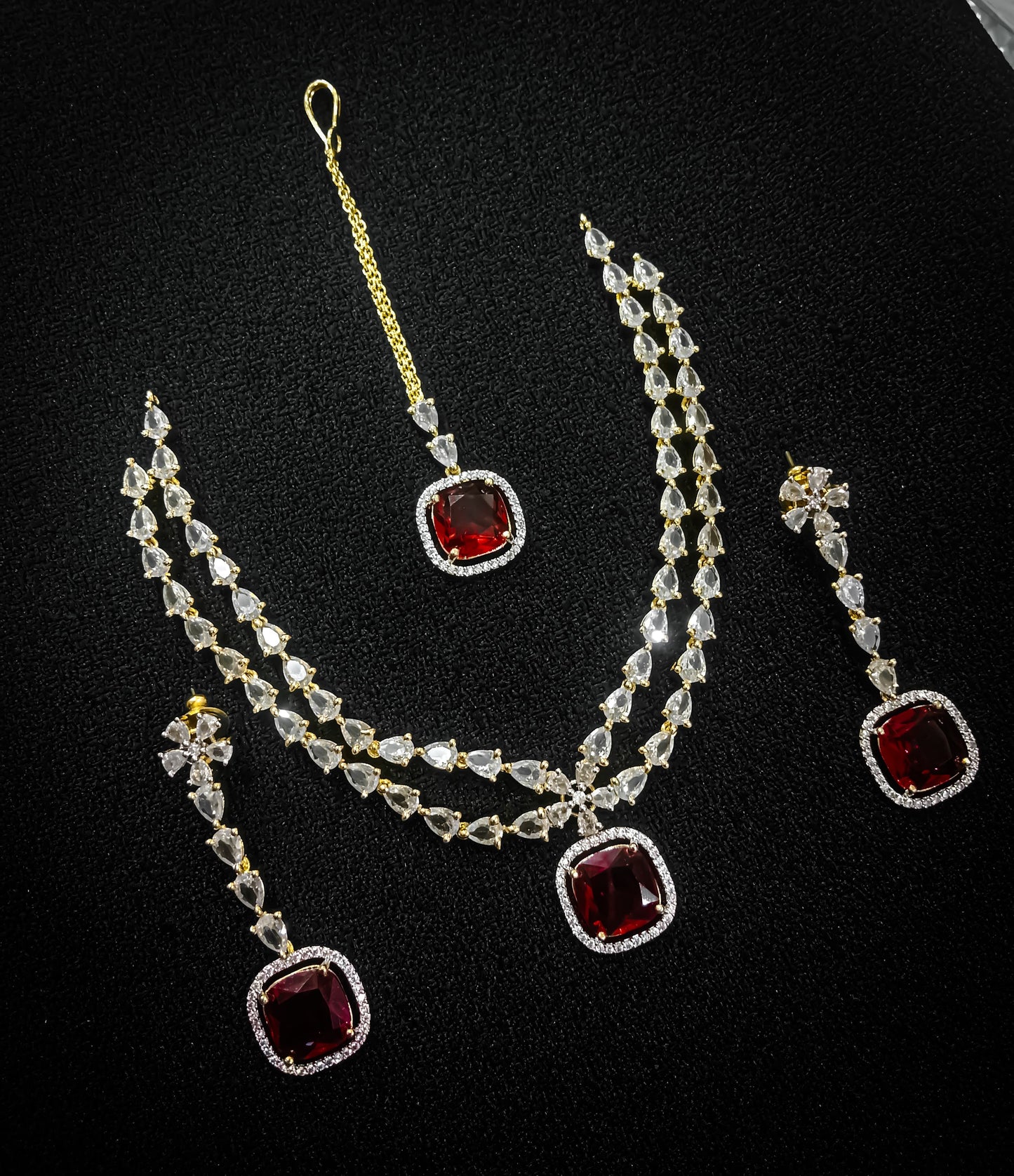 Royal Red Stone Bridal Necklace Set with Earrings & Maang Tikka