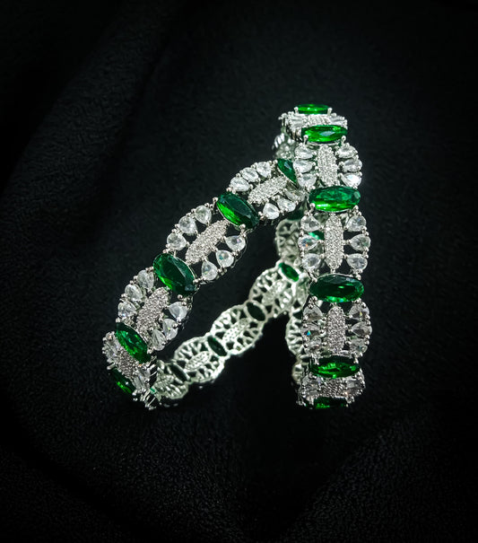 Emerald Allure – Silver Finish Crystal Bangles