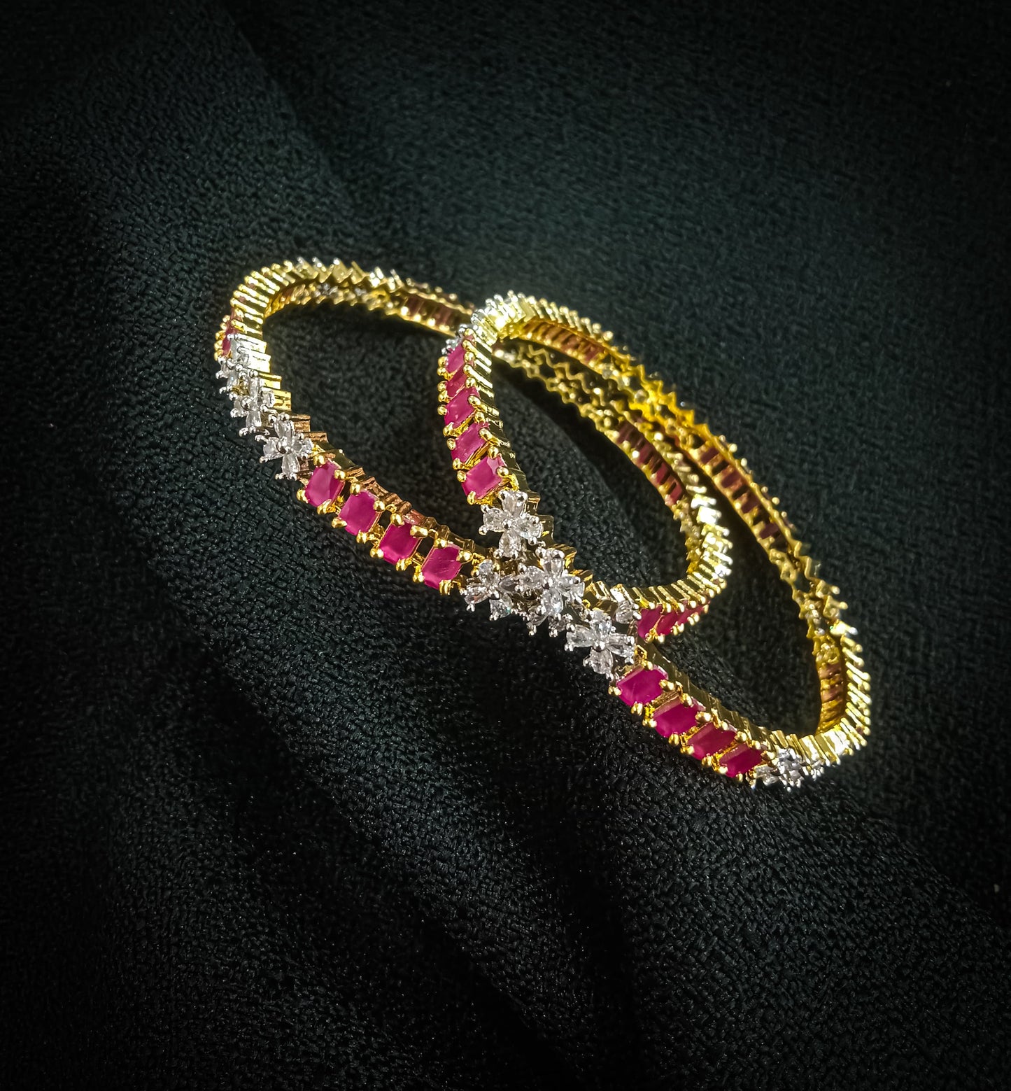 Blossom Pink Artificial Stone Bangles – Floral Gold Finish