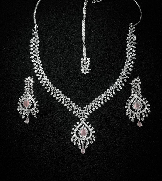 Silver Radiance Bridal Jewelry Set with Pink Crystal Drops
