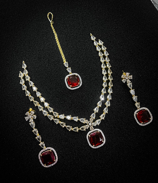 Royal Red Stone Bridal Necklace Set with Earrings & Maang Tikka