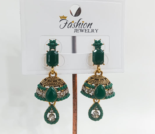 Emerald Bells – Antique Green Jhumka Earrings