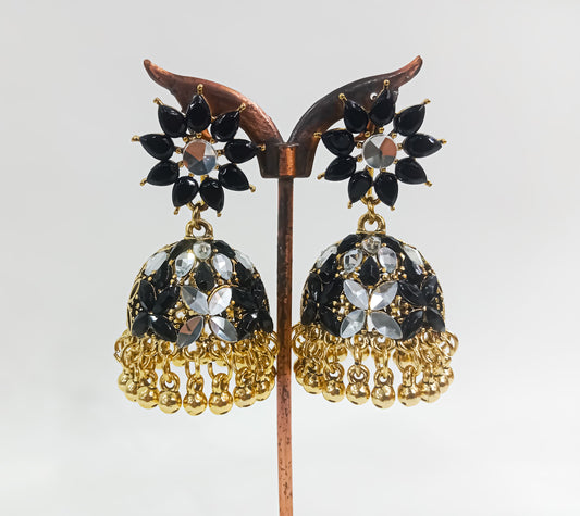 Noir Jhumka – Black Blossom Mirror Earrings