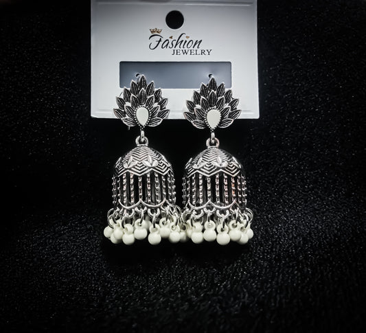 Chandni Jhumkay – Oxidized Grace & White Beads