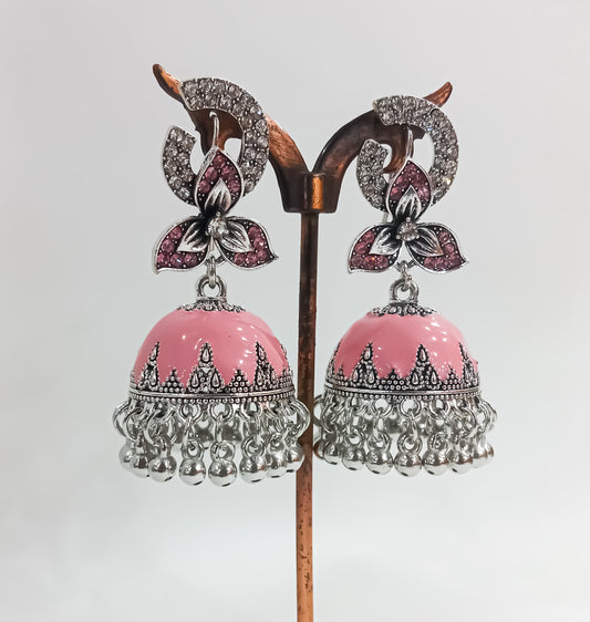 Gul-E-Noor – Pink Dome Silver Jhumka Earrings